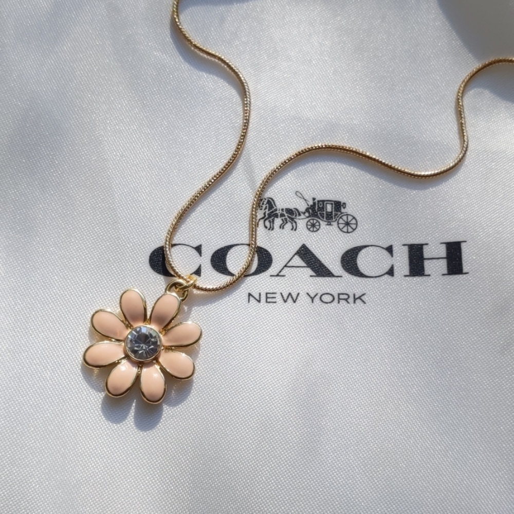 Coach Pave Daisy Flower Charm Gold Plated Necklace